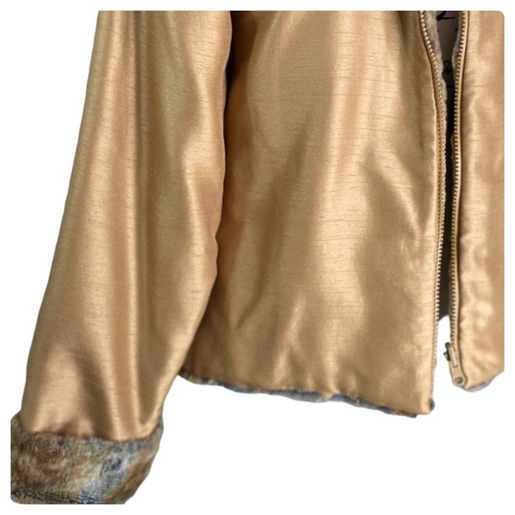 Boutique - Reversible Shantung Taffeta Brilliant Gold Ultra-Soft Faux Fur Coat M - Picture 9 of 16